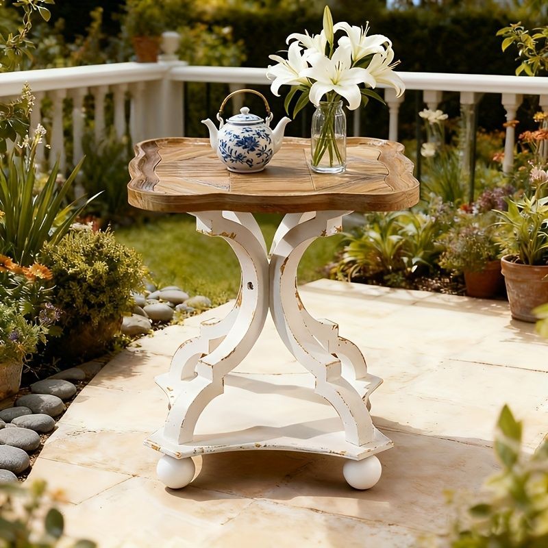 ティーテーブル 加工木製 小スペース対応 簡単組立 木目調 ホワイトウォッシュ レトロ モダン シンク シンプル 屋内 屋外