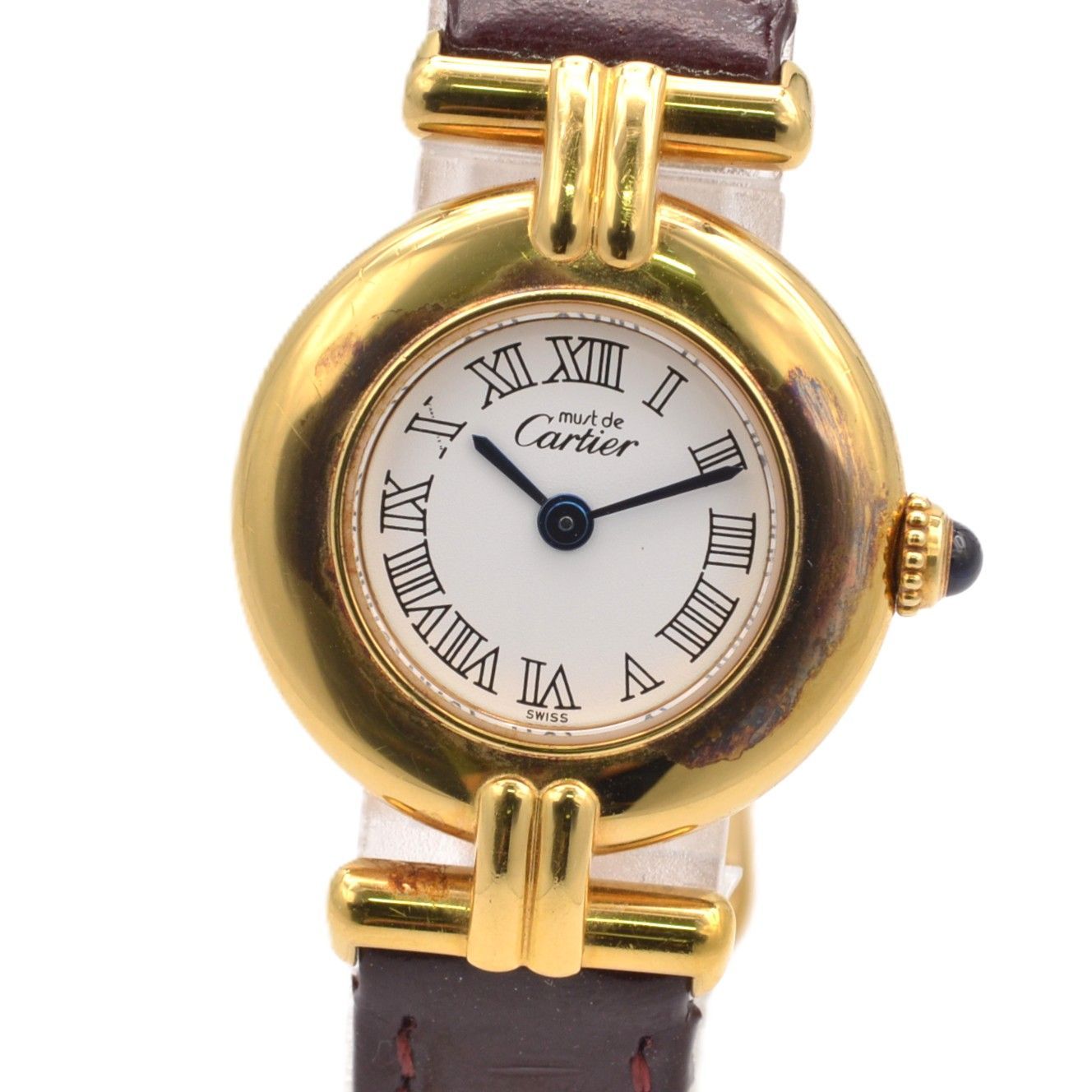CARTIER カルティエ マストコリゼ クォーツ レディース腕時計 ホワイト文字盤 GP×レザー ヴィンテージ 上品 クラシック