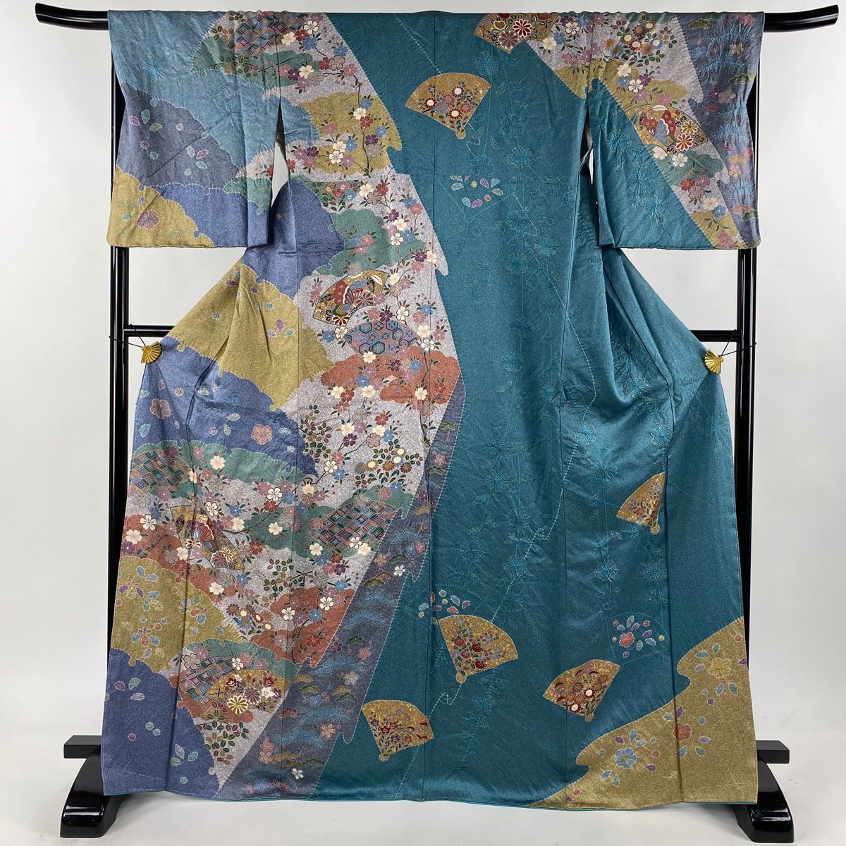 付下げ 身丈155cm 裄丈64cm M 袷 華文 鳥 金銀彩 染め分け 青灰色 正絹  