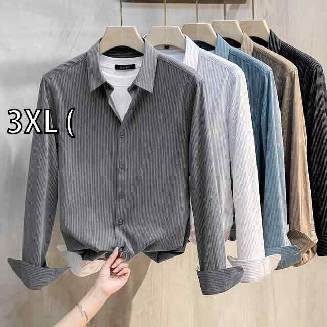 [3XL (]秋冬 コーデ メンズ  服 シンプル ファッション オシャレ 大人 かっこいい 大きいサイズ ストリート 紳士服  シャツ 長袖 ライト ストライプ ハイエンド トップス ビジネス ノンアイロン