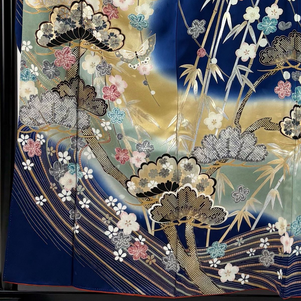 振袖 身丈156.5cm 裄丈63cm S 袷 松竹梅 金糸 金銀彩 紺色 正絹