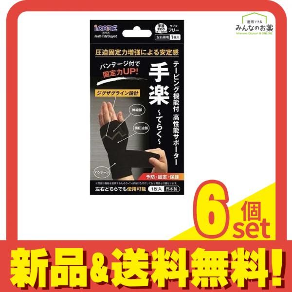 アイケア テーピング機能付高性能サポーター 手楽 てらく 1枚入 フリーサイズ 6個セット