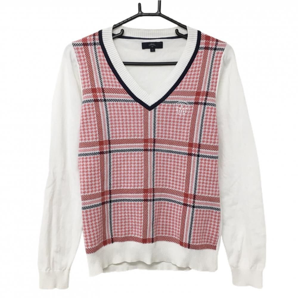 キャロウェイ セーター ピンク×白 前身頃千鳥格子 ニット V
