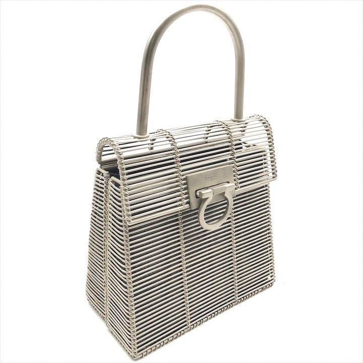 フェラガモバッグ 良品 Ferragamo フェラガモ 希少 ステンレス メタル ワイヤー