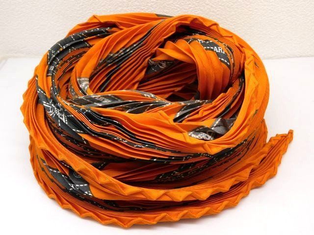 エルメス プリーツ スカーフ シルク レディース リボン オレンジ系 HERMES □7J