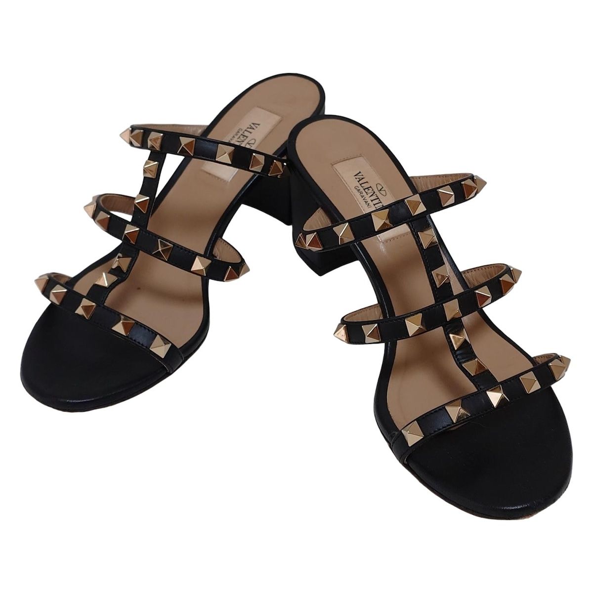 VALENTINOGARAVANI バレンチノガラバーニ ミュール 36 1|2 レディース ロックスタッズ カーフスキン スライドサンダル 黒 スタッズ レザー