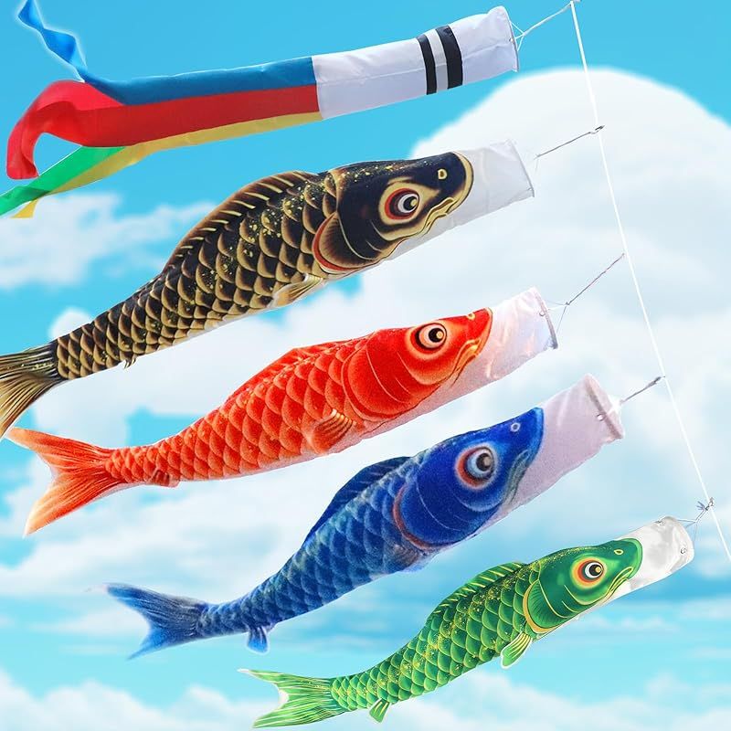 OKBABY 鯉のぼり こいのぼり 鯉3匹 五色吹流し3m 黒鯉2m 赤鯉1.5m 青鯉1.2m ポリエステルサテン使用 庭園用 大型 鯉4匹