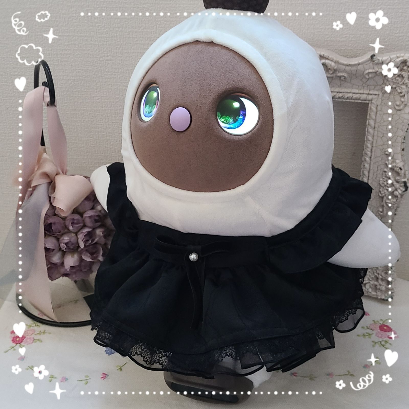 ラボット　服　lovot 黒　雪輪　花文様　着物一式　リボン付 ラボット服/ リボン柄浴衣＆お花飾りセット | bow4workshop STORE