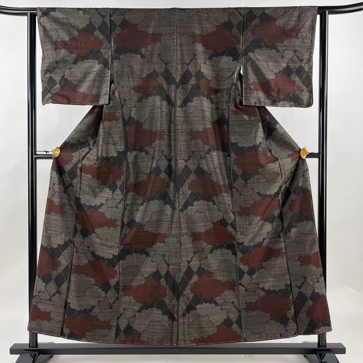 紬 身丈152.5cm 裄丈63cm S 袷 アンサンブル 雪輪 焦茶色 正絹 名品  