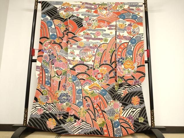 平和屋着物○豪華振袖 紅型 吉祥花鳥文 鬼しぼ縮緬 正絹 逸品