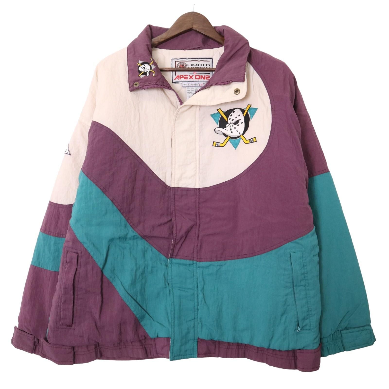 90年代 APEX ONE エイペックス ワン NHL アナハイム・ダックス ジャケット プロチーム パープル (メンズ L) 中古 古着 A0538 90年代 APEX ONE エイペックス ワン NHL アナハイム・ダックス