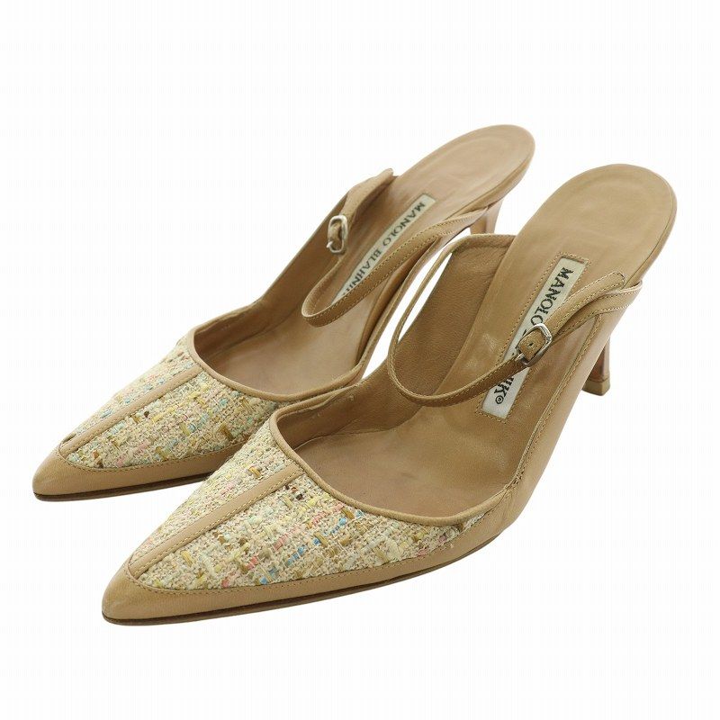 マノロブラニク MANOLO BLAHNIK ミュール ストラップ ポインテッドトゥ レザー ツイード 35 22.5cm ベージュ 茶 ブラウン |MW GY17