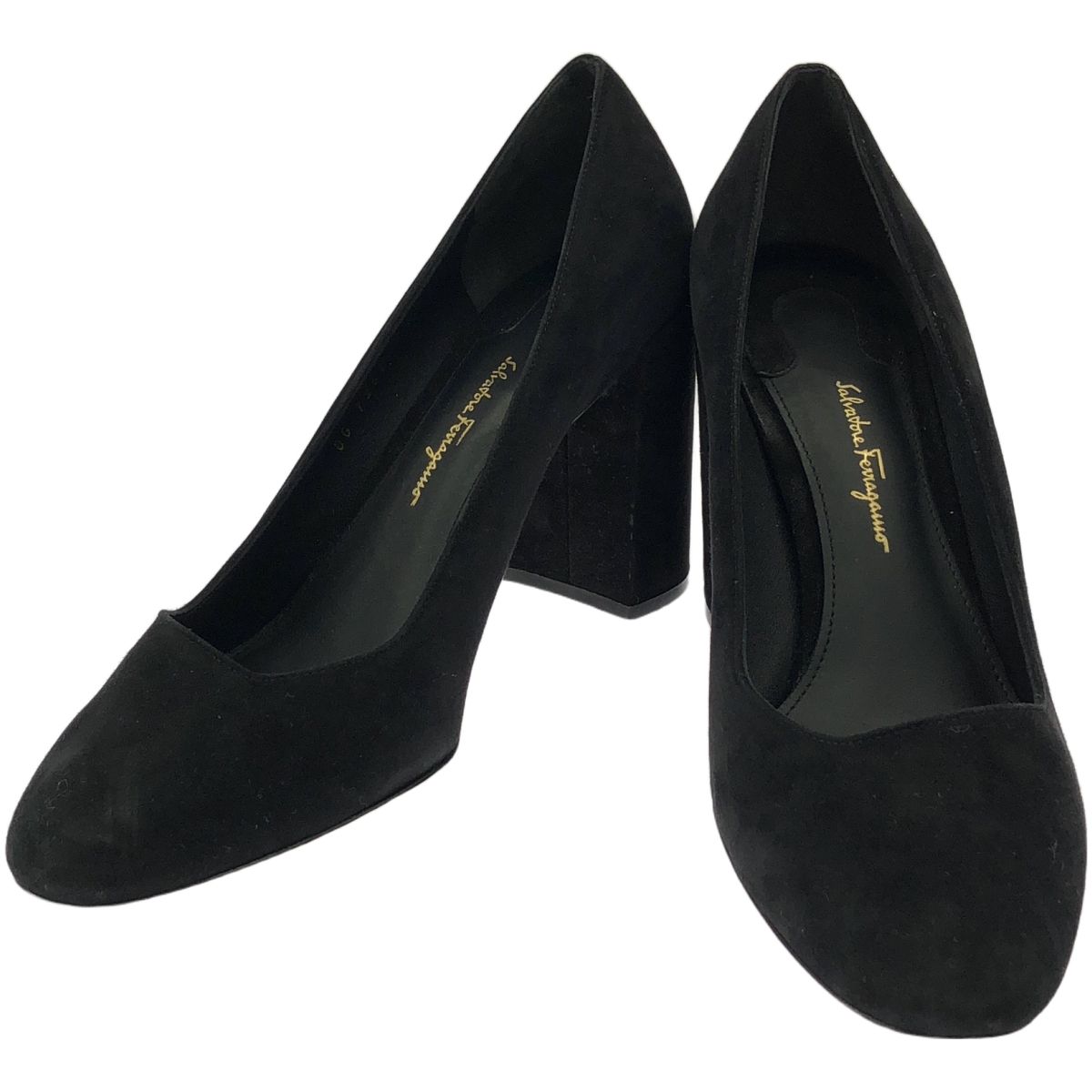 Salvatore Ferragamo サルバトーレ フェラガモ AREZZO85 チャンキーヒールスウェードパンプス ブラック 9