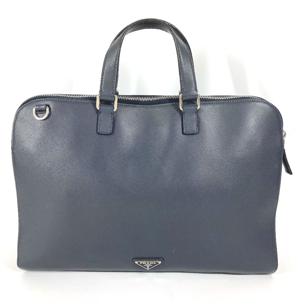 美品 プラダ 三角ロゴ ビジネスバッグ 裏地総柄 サフィアーノ レザー ネイビー PRADA 極 美品 希少品 プラダ 三角ロゴ 金具 サフィアーノ