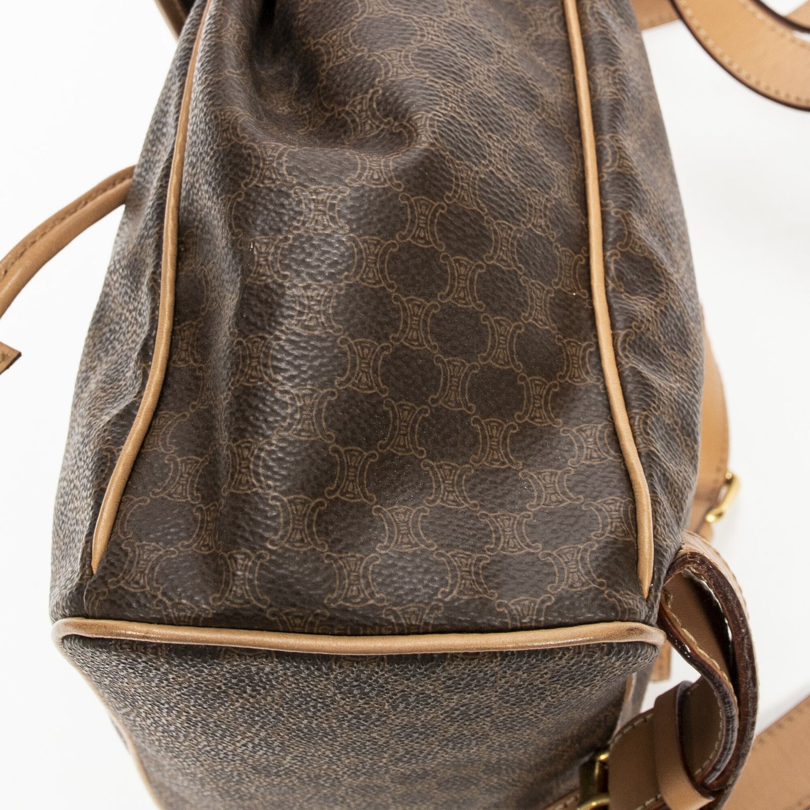 CELINE セリーヌスモール巾着フラップバックパックベージュ ブラウンマカダムPVCキャンバスA WWW_NOITHATQUANGTHANH_NET