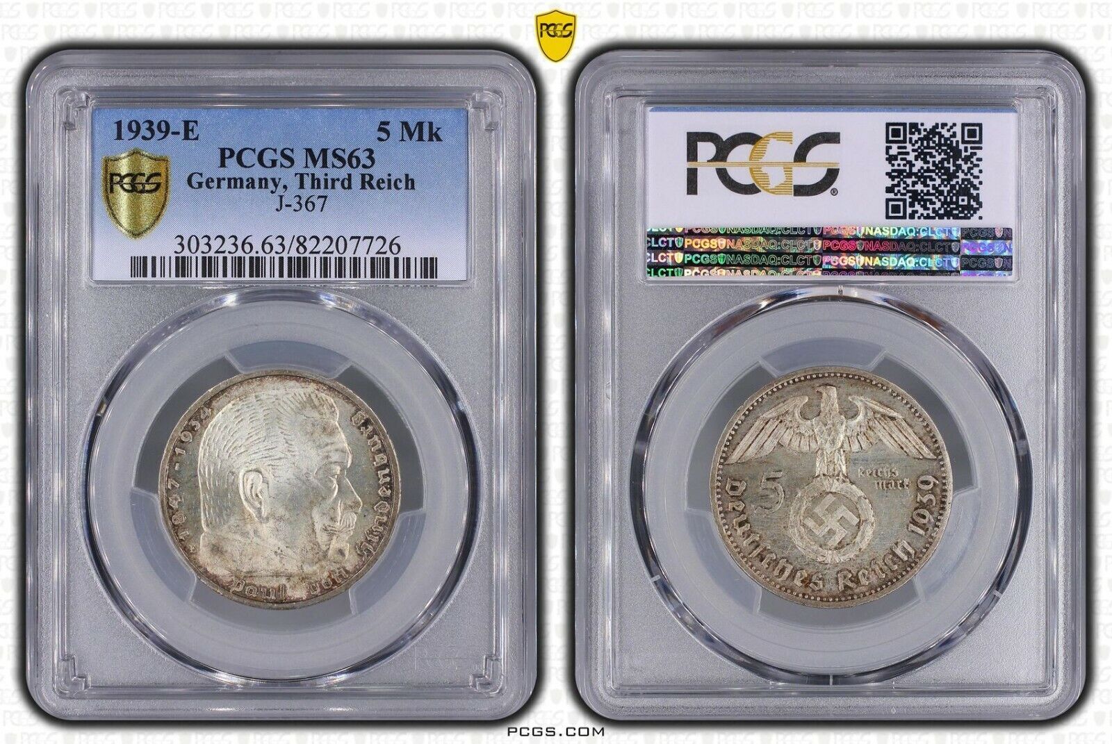 PCGS MS63 1939-E 5 Mk Reichsmark Hindenburg J-367 Third Reich Silver Germany WW2