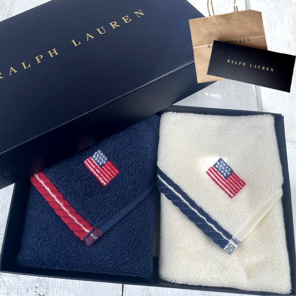 ギフト包装無料 Ralph Lauren ラルフローレン タオルセット ネイビー×ホワイト タオルハンカチ ギフトBOX付き ハンドタオル セット 2～5日到着 プレゼント