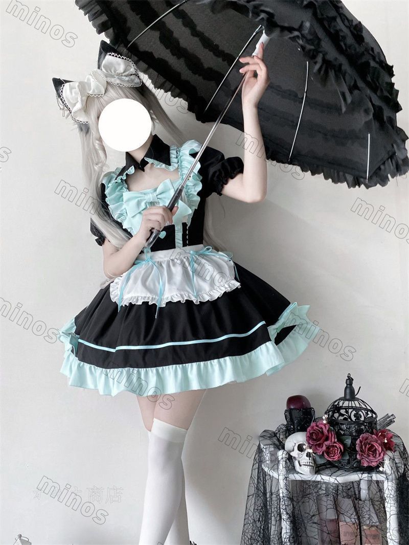 ロリータ洋装 メイドコスプレ 3点セット ワンピース＋エプロン＋フェイク S～Lサイズ 後ろ松緊調節 高品質 韓国スタイル ガーリ