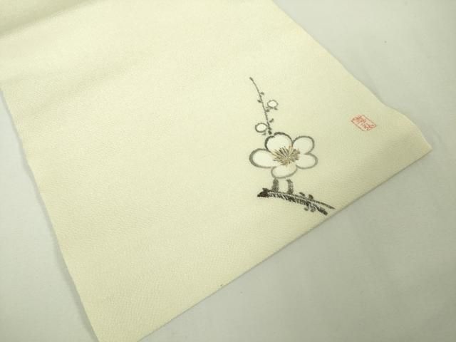 平和屋本店■極上　人間国宝　森口華弘　蒔糊友禅　蒔糊散らし　九寸名古屋帯　枝梅　金彩　鬼しぼ縮緬　三越扱い　逸品　未使用4s484 平和屋本店□極上 人間国宝 森口華弘 蒔糊友禅 蒔糊散らし 九寸名古屋