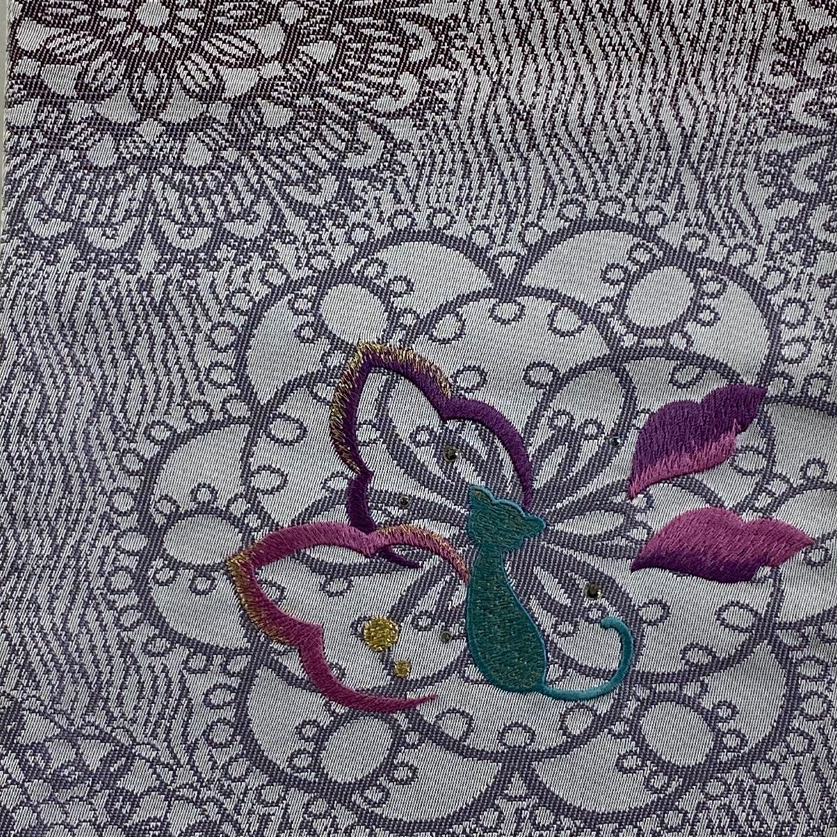 半幅帯 名品 想屋 華文 猫 金糸 刺繍 灰紫 正絹