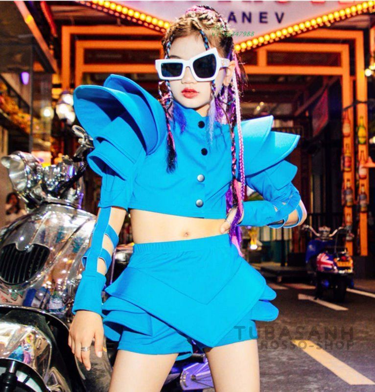 ダンス衣装 キッズ ヒップホップ ブルー セットアップ ガールズ 韓国 ステージ衣装 応援団 チア チアガール 練習着 ジャズダンス vii4w347988