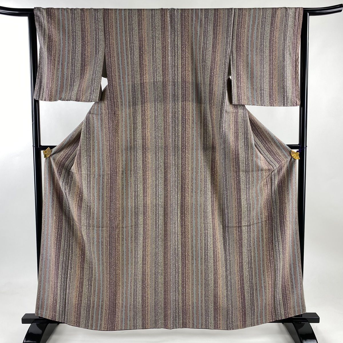 小紋 身丈162cm 裄丈65cm M 袷 縞 幾何学 縮緬 灰紫 正絹 美品 秀品  