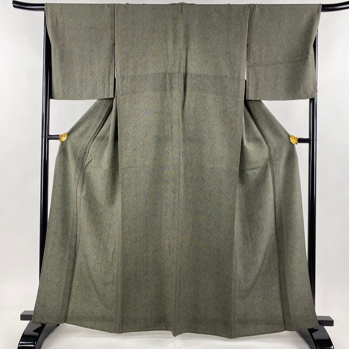 小紋 身丈162.5cm 裄丈67.5cm L 単衣 幾何学模様 茶緑色 正絹 秀品