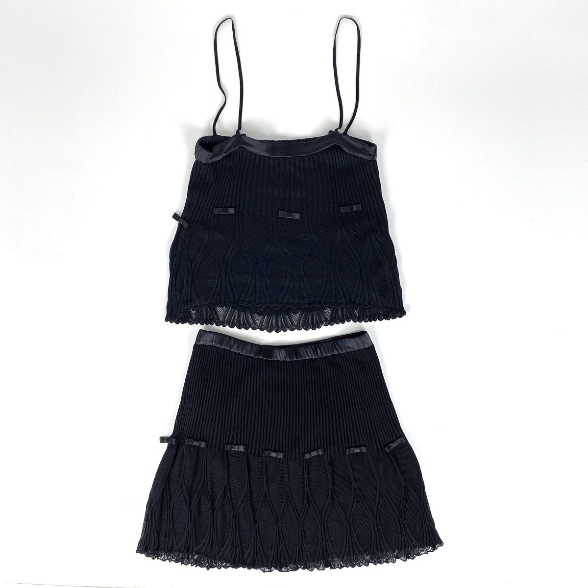 クリスチャンディオール Christian Dior ニット セットアップ キャミソール ミニスカート リボン セットアップ スカートスーツ レーヨン ブラック レディース
