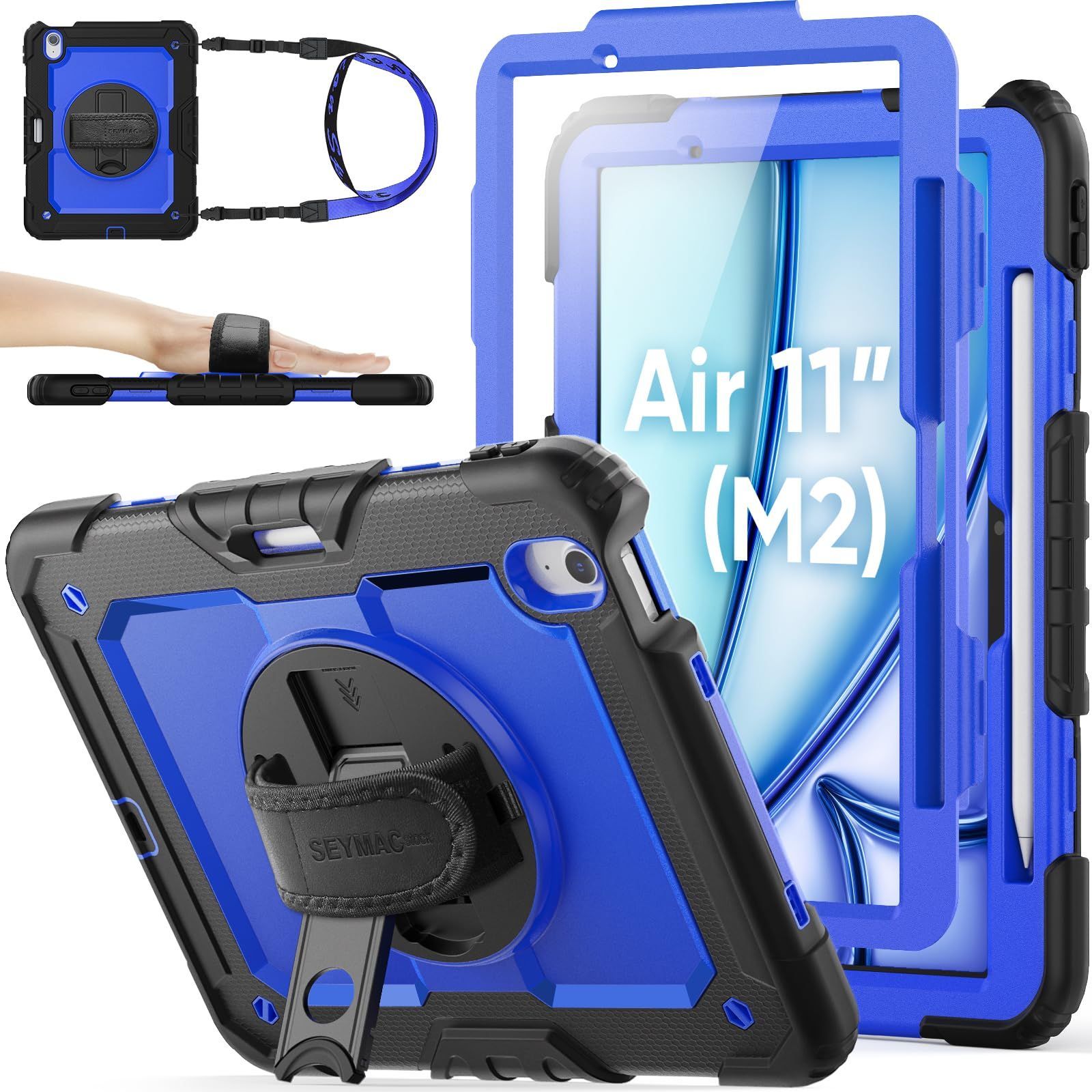 在庫 SEYMAC stock 2025年 11インチiPad Air M2 耐衝撃ケース 保護フィルム付き ペン収納 360°回転スタンド ハンドストラップ ショルダーストラップ 全面保護カバー iPad Air 11 2025 型 ブルー