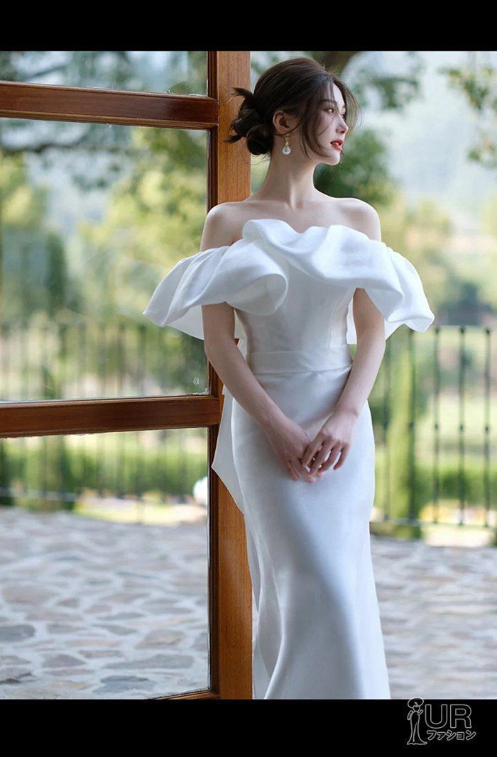 iPhone前撮りドレスオフショルダー二次会ドレス花嫁オフショルウェディングドレス前撮りドレス花嫁かわいい花嫁二