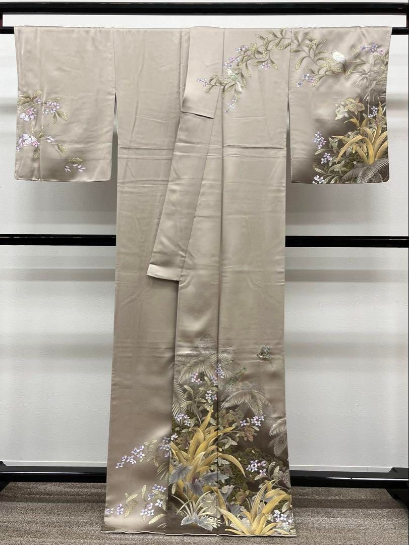 螺鈿調金彩 訪問着 作家物 落款入 鳥 熱帯植物 モダン 変わり柄 正絹 