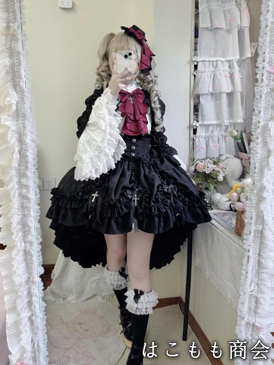 ドレスです フランス宮廷風 ゴシックロリィタ ワンピース 豪華デザインセット ブラック レッドリボン 収腰デザイン レース装飾 ジャケット シャツ 蓬蓬スカート 大人用 ドレスコード対応