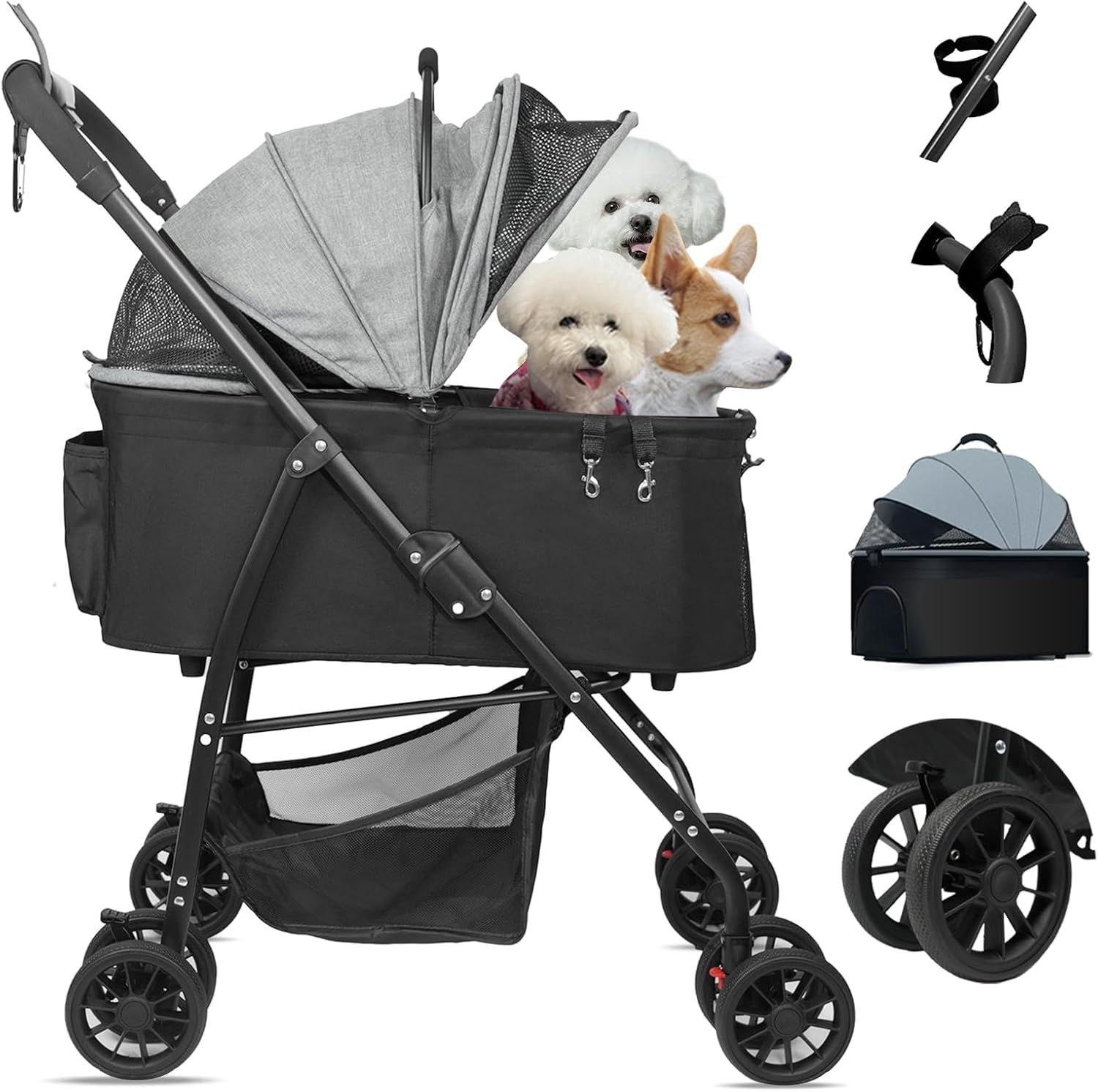 MILAu0026LOUIS ペットカート 分離型 ペットバギー ワンタッチ折りたたみ 犬 バギー 小型犬 前輪360後輪ブレーキ付 軽量犬用ベビーカー 中型犬 猫 ペットカート 多頭 4輪 取り外し可能 犬用カート