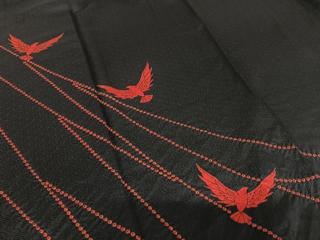 平和屋着物○染色作家 斉藤三才 振袖 絞り 三才鳥 黒地 ロング丈 正絹  