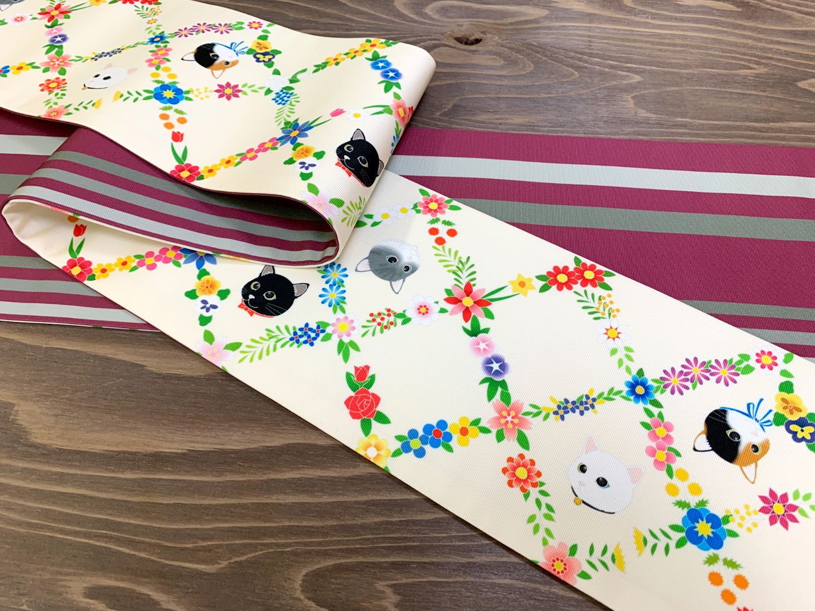 着物三河 花格子にねこ2 半幅帯 うれしい長尺430㎝