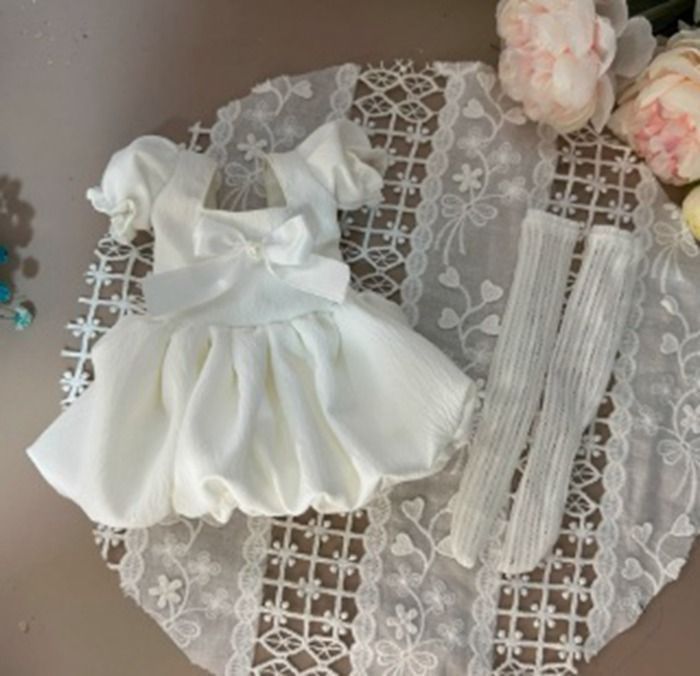 4分 MSD，SDM◆ドレス　リボンワンピース 用 ドレス ワンピース ハンドメイド ホワイトドレス 黒リボン付き