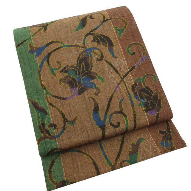 中古】 すごい値！ 袋帯 リサイクル 正絹 全通 手織り 紬 茶色  