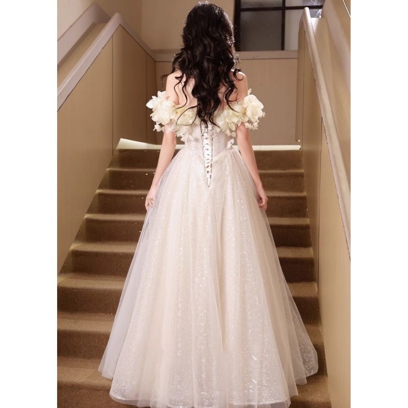 訳あり フラワー刺繍 チュール ロングドレス L オフショルダー スパンコール グリッタードレス 演奏会 発表会 結婚式 前撮り NICORILABO_COM