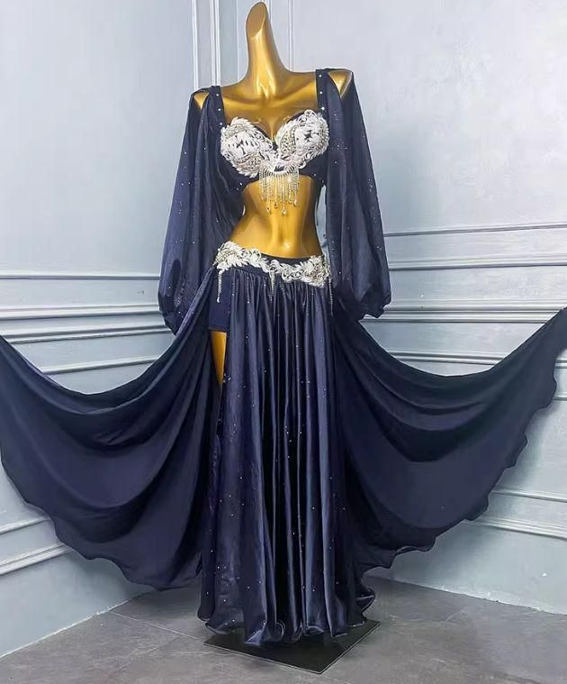 ベリーダンス オリエンタル衣装 ネイビー 刺繍 ブラ スカート オーダーメイド