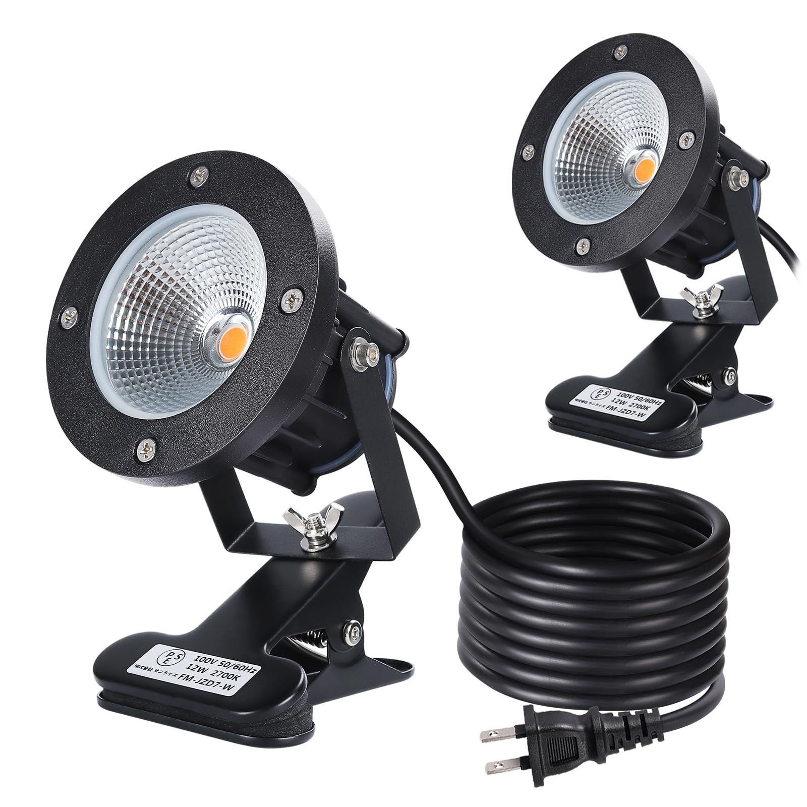 新品 LED クリップライト 12W 電球色 2700K 100W形 1300LM 暖色LED、防水、3mコード付き、屋外・屋内兼用、看板・黒板・店舗照明向け 2個入