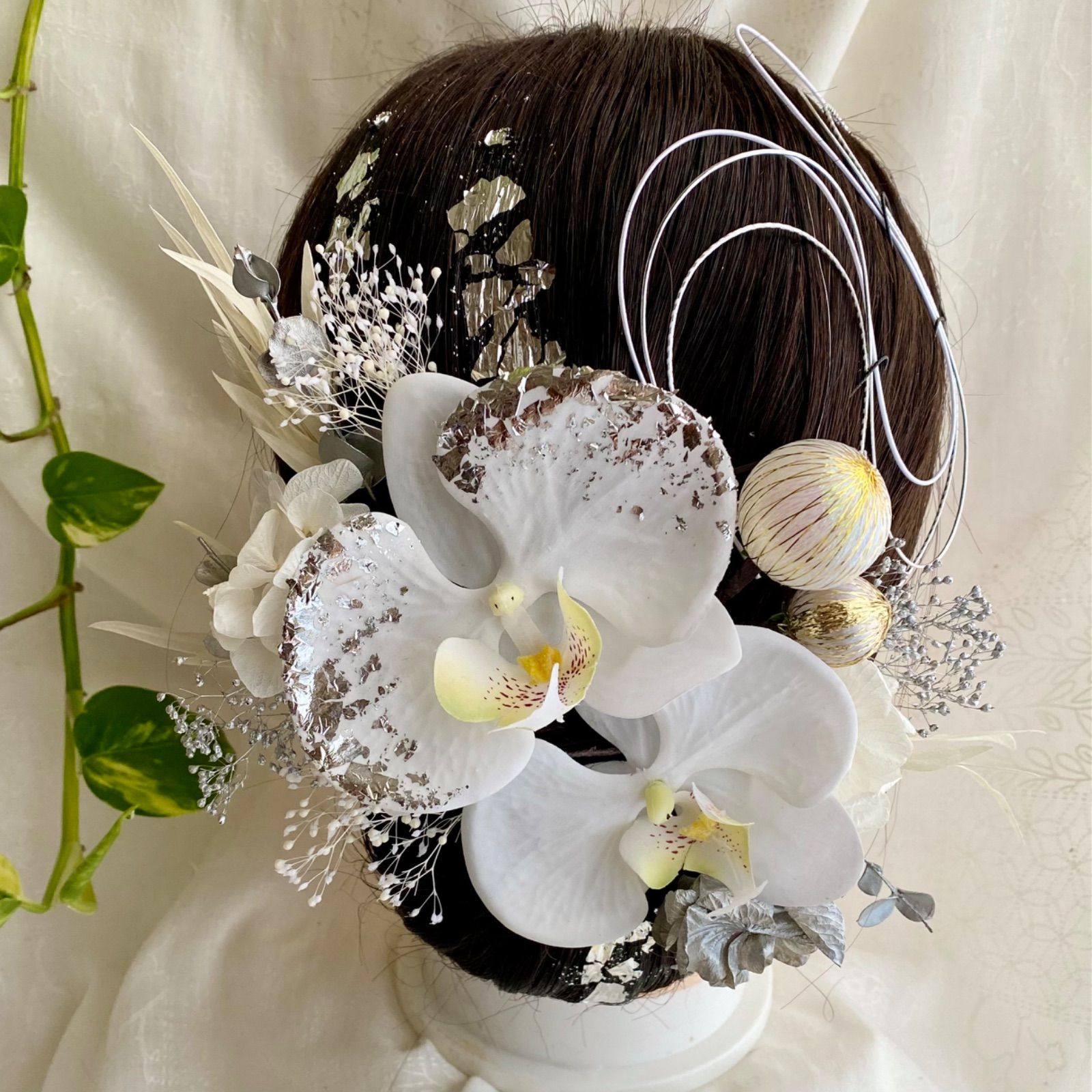 爆買い 胡蝶蘭の髪飾り シルバー 銀箔付 水引付 結婚式 成人式 卒業式