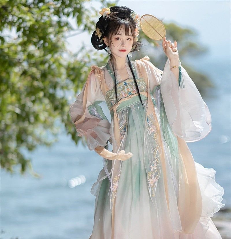 韓服妖精スタイルトップロングスカートショールロングリボンx2コスプレスーツ刺繍シフォングラデーションプリント