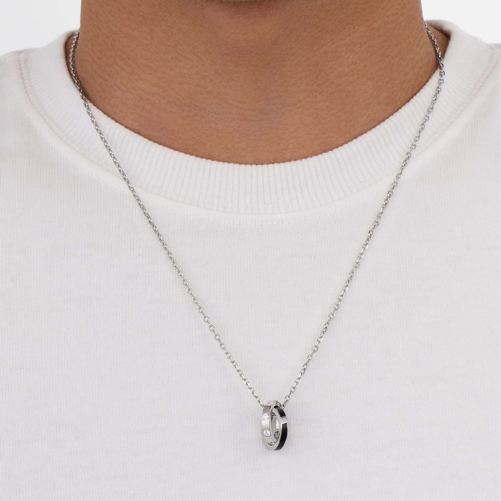  記念日 金属アレルギー対応 ブラック シルバー 男女兼用 ペアネックレス ステンレス サージカル プレゼント ダブルリング チェーンネックレス ペンダントトップ メンズ リングネックレス KRKC-CO ネックレス アクセサリー