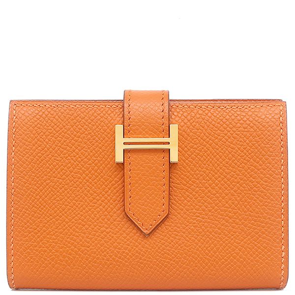 エルメス HERMES カードケース ベアン ヴォーエプソン オレンジ ゴールド金具 名刺入れ □M刻印 箱