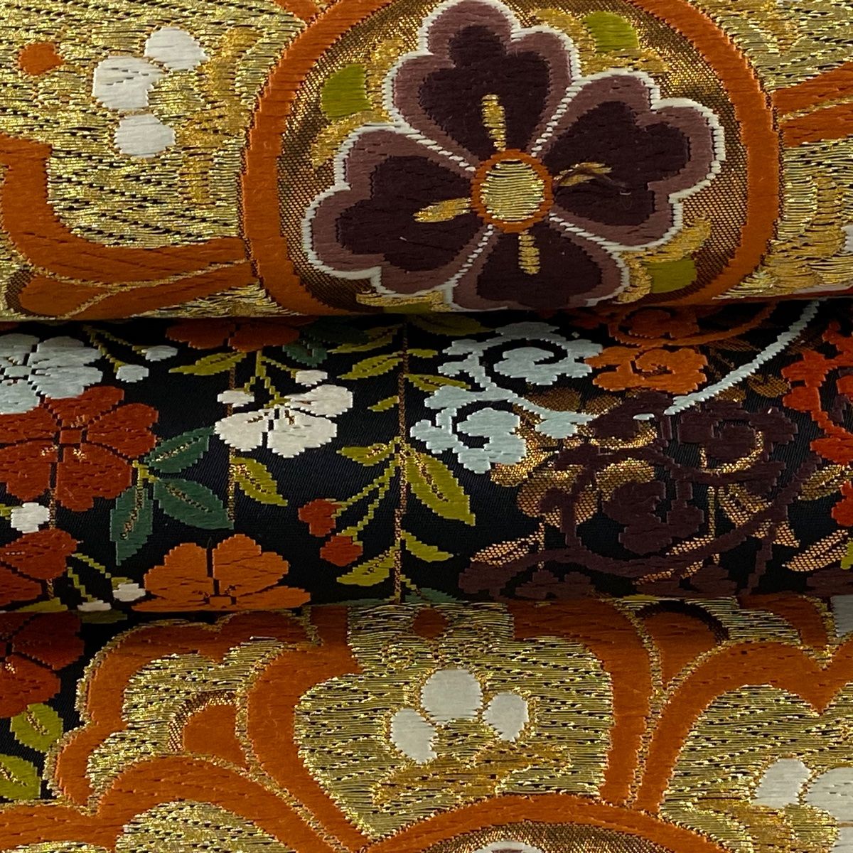 袋帯 逸品 河合美術織物 落款 華文 花鳥 金糸 唐織 黒 六通 正絹