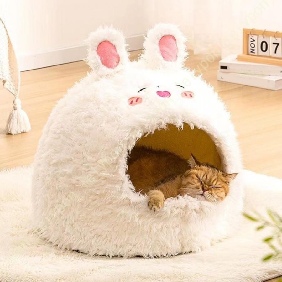 猫ベッド 猫ハウス キャットハウス ペット用寝袋 ドーム型 鶏の型 暖かい 寒さ対策 ふわふわ 折りたたみ式寝マット 犬猫兼用 室内用 保温防寒 滑り止め
