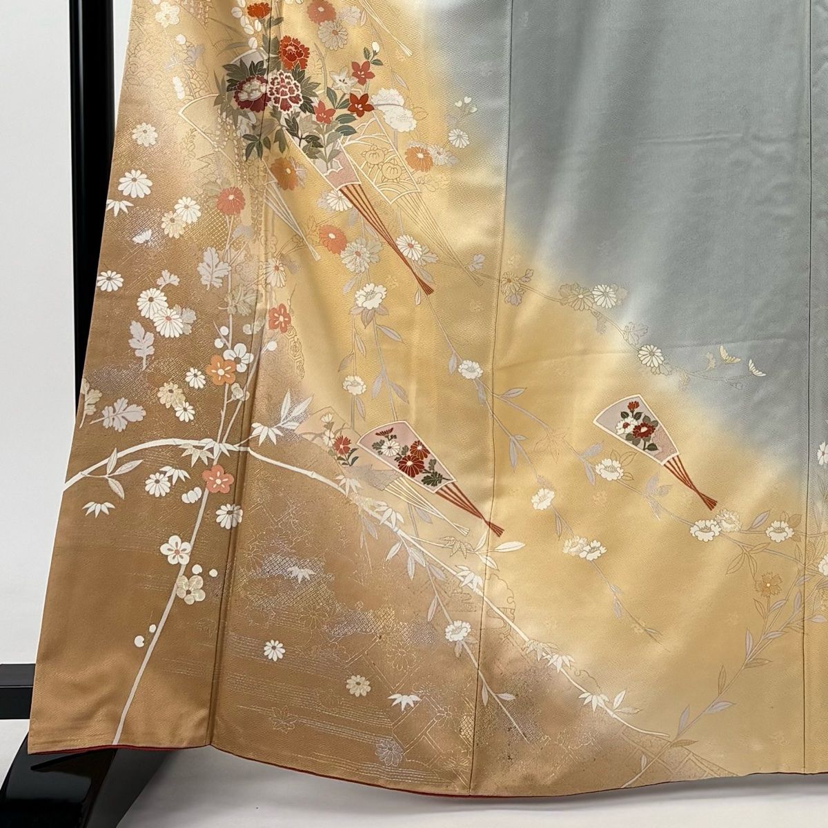 訪問着 身丈165.5cm 裄丈66cm M 紗絽袷 扇面 草花 ぼかし 抹茶色