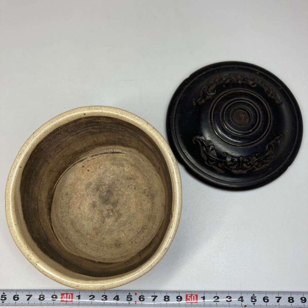 古瀬戸　白釉　三足香炉　極上唐木　直径10.8cm本H5-0626☆トヒカサ 古瀬戸 白釉 三足香炉 極上唐木 直径10.8cm本H5-0626☆トヒカサ