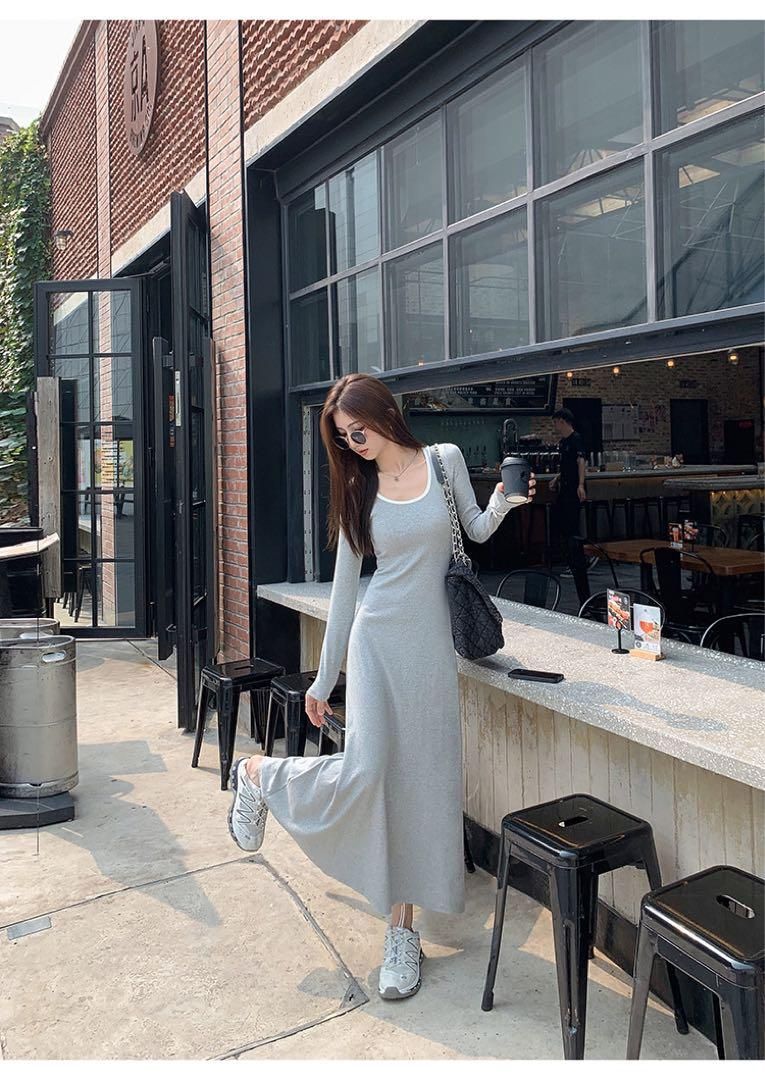春のお出かけニットロングワンピースコントラスト