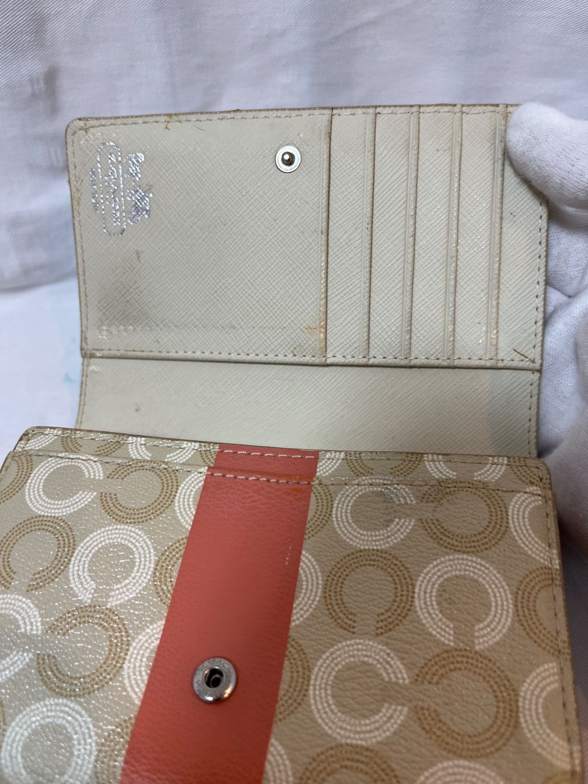 z1137 COACH コーチ 二つ折り財布 Cロゴ ベージュ×オレンジ